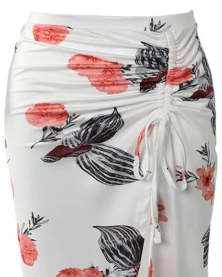Ruched Top & Floral Skirt Set with High Slit