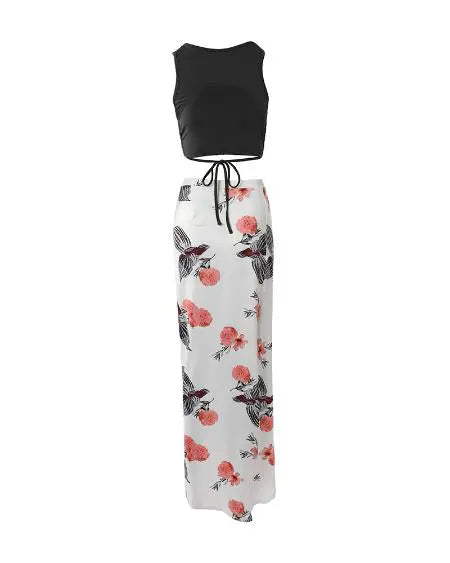 Ruched Top & Floral Skirt Set with High Slit