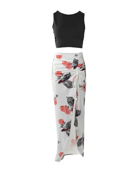 Ruched Top & Floral Skirt Set with High Slit