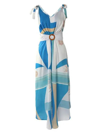 V-Neck Maxi Dress with Print Tie Detail and Belt