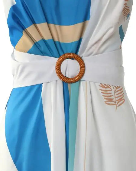 V-Neck Maxi Dress with Print Tie Detail and Belt