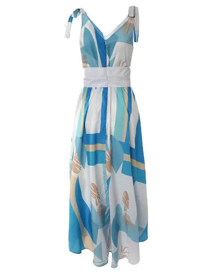 V-Neck Maxi Dress with Print Tie Detail and Belt