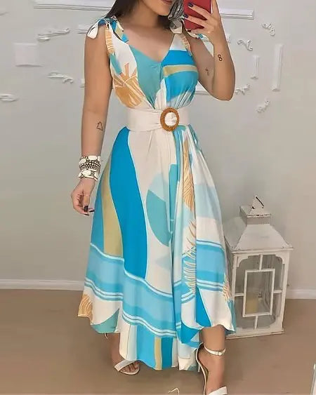 V-Neck Maxi Dress with Print Tie Detail and Belt