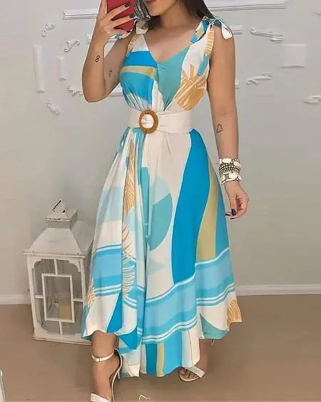 V-Neck Maxi Dress with Print Tie Detail and Belt