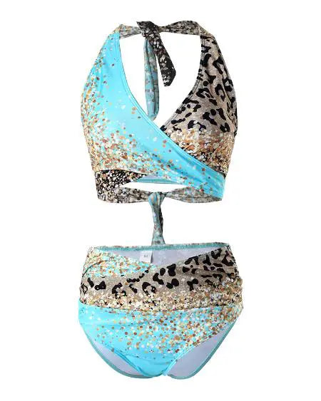 Halter Bikini Set with Leopard Print and Crisscross Design