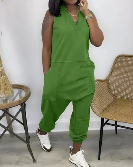 V-Neck Jumpsuit with Pockets & Sleeveless Cut