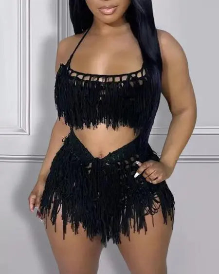 Crop Top & Shorts Set with Crochet & Tassels
