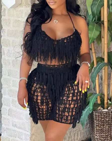 Crop Top & Shorts Set with Crochet & Tassels