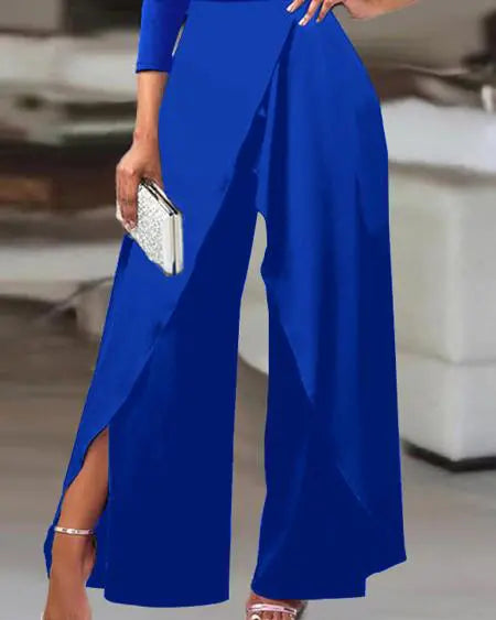 Skew Neck Ruched Jumpsuit with Split Hem
