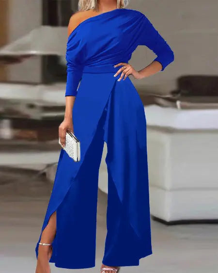 Skew Neck Ruched Jumpsuit with Split Hem