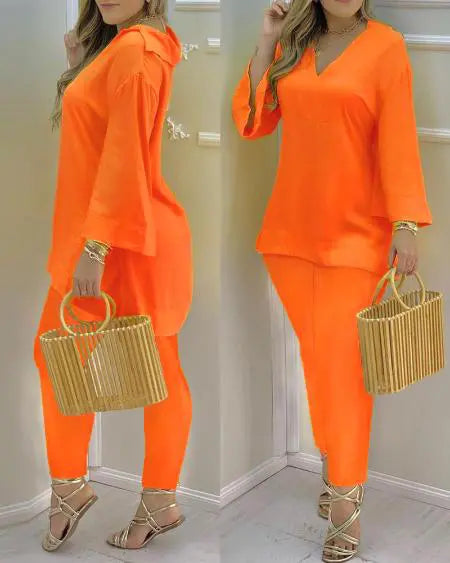 V-Neck Top & Pants Set with Bell Sleeves