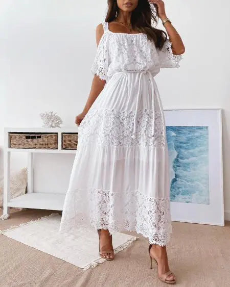 Cold Shoulder Maxi Dress with Contrast Lace