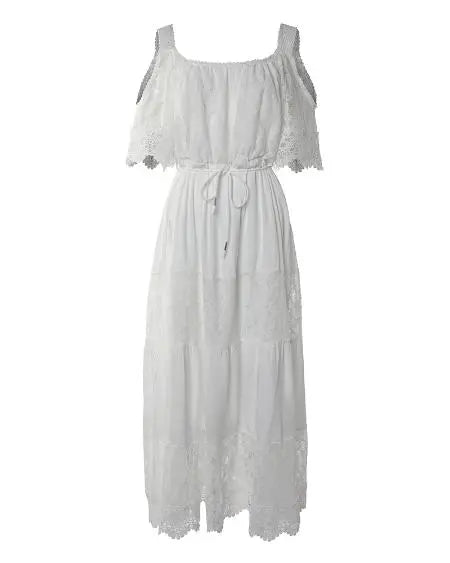 Vestido largo con hombros descubiertos y encaje en contraste 