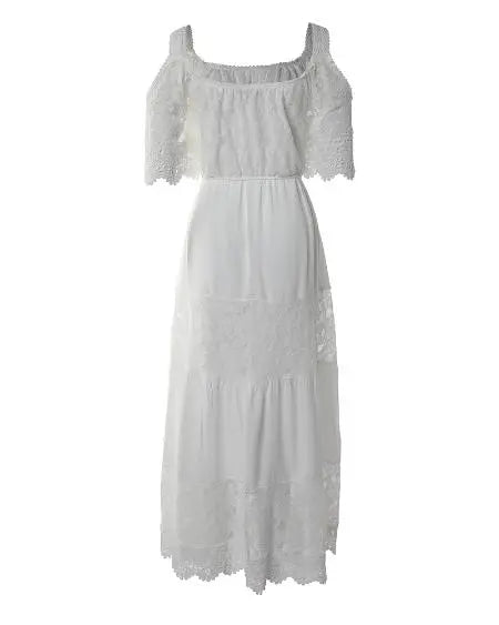 Vestido largo con hombros descubiertos y encaje en contraste 