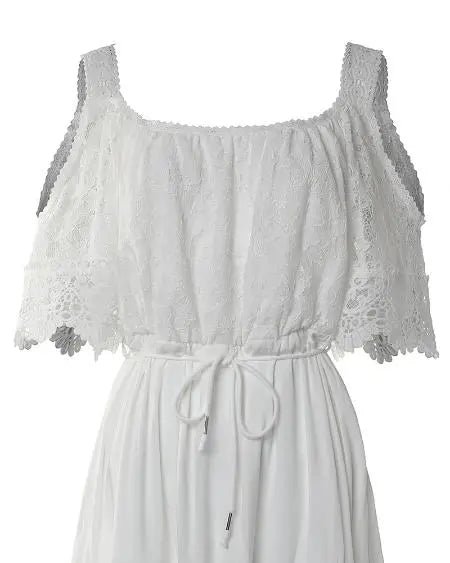 Vestido largo con hombros descubiertos y encaje en contraste 