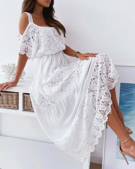 Cold Shoulder Maxi Dress with Contrast Lace