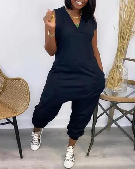 V-Neck Jumpsuit with Pockets & Sleeveless Cut