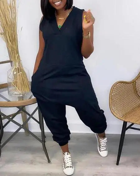 V-Neck Jumpsuit with Pockets & Sleeveless Cut