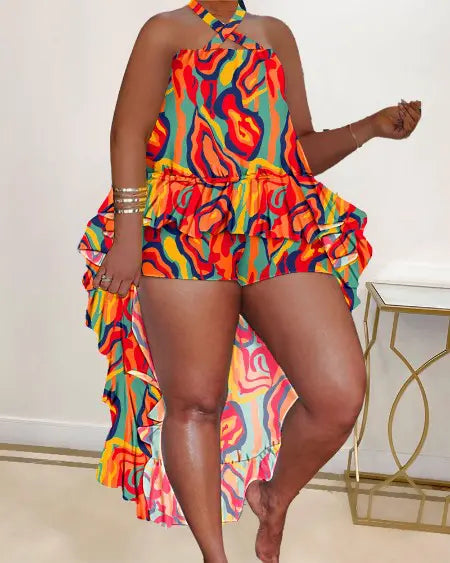 Plus-size asymmetrische combo met top en short met ruches 