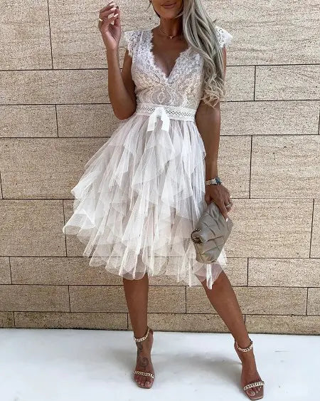 Party Dress with Sheer Mesh & Lace Patches