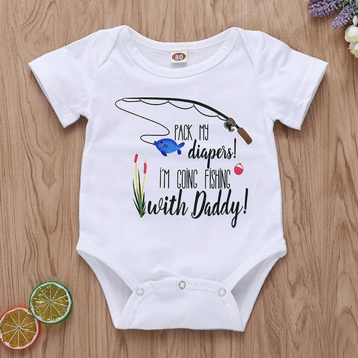 "Going fishing with Daddy" Cartoon Letter Printed Baby Jumpsuit