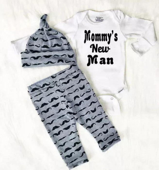 3Pcs Baby Boy Mommy's New Man Romper Tops+Pants with Hat