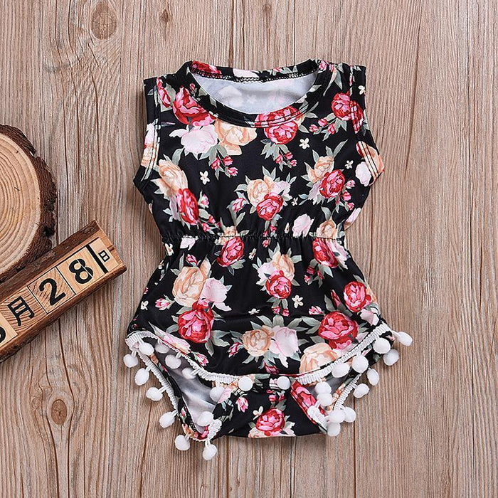 Baby Rose Floral Pompon Decor Bodysuit