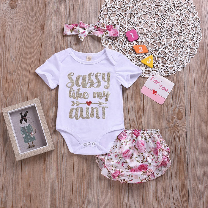 "Sassy like my aunt" Romper with Floral Printed Baby Set