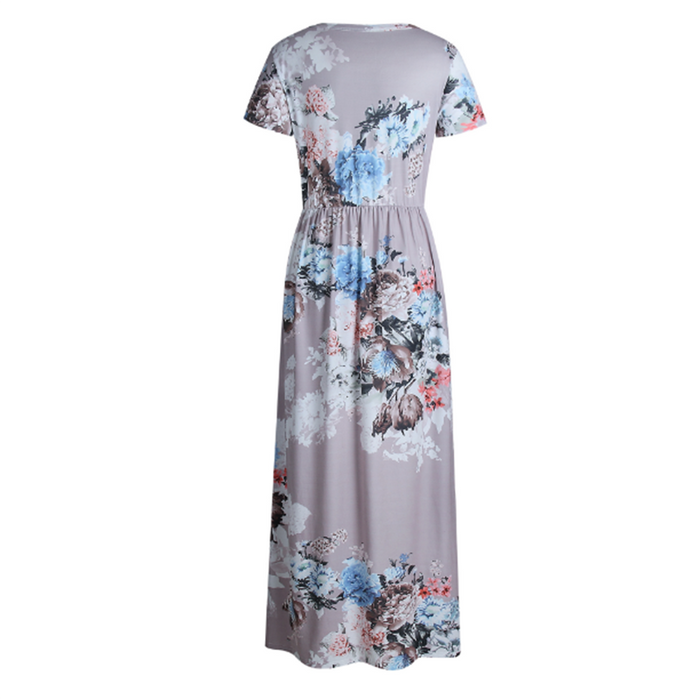 Floral Print High Waist Maxi Dress Round Neck