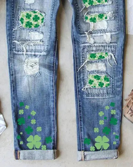 Patchwork Ripped Jeans with St. Patrick's Shamrock Design