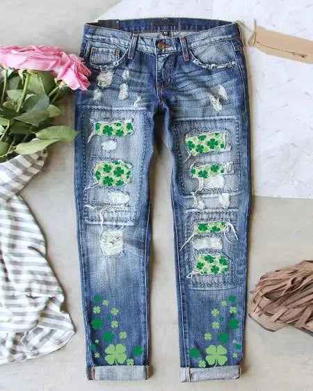 Patchwork Ripped Jeans with St. Patrick's Shamrock Design