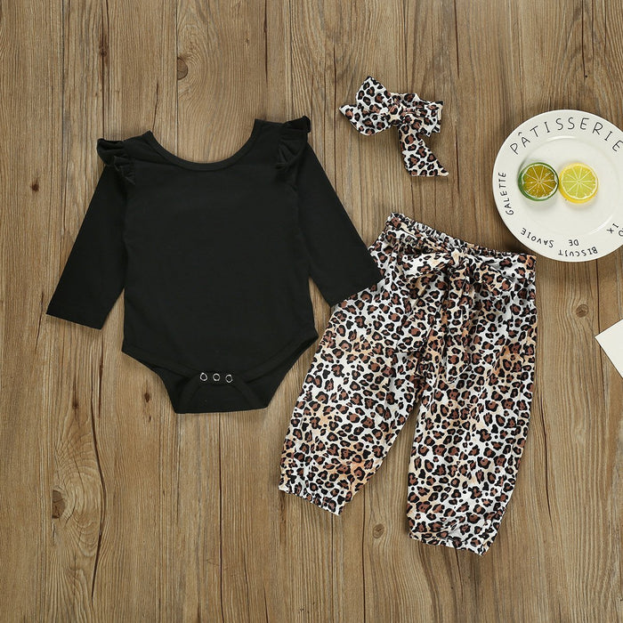3PCS Solid Color Bodysuit Leopard Printed Baby Set