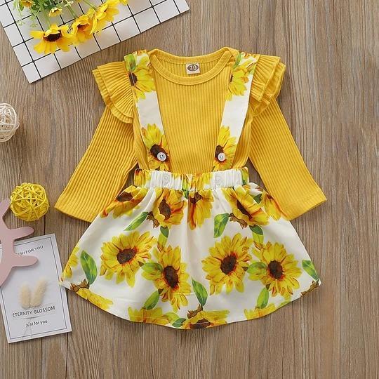 2pcs Solid Top and Sunflower Printed Skirt Sets