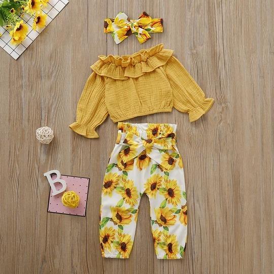 Sunflower Printed Ruffle Collar 3PCS Baby Set
