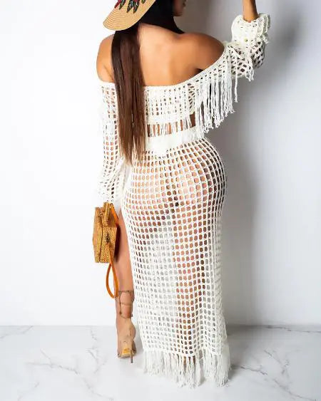 Crochet Beachwear: Mesh Top Skirt & Tassel Sets