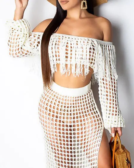 Crochet Beachwear: Mesh Top Skirt & Tassel Sets