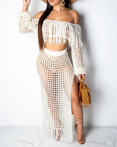 Crochet Beachwear: Mesh Top Skirt & Tassel Sets