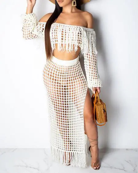 Crochet Beachwear: Mesh Top Skirt & Tassel Sets