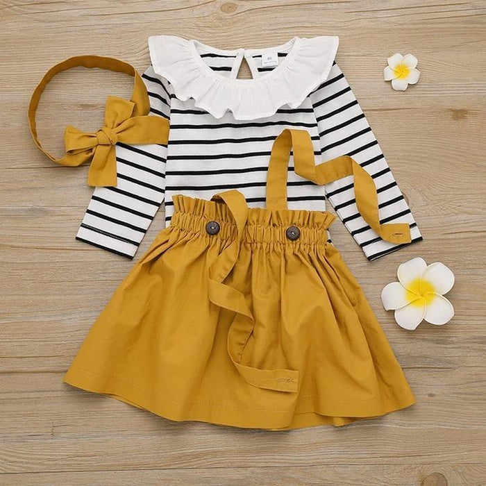 3PCS Stripe Printed Bodysuit Solid Color Skirt Baby Set
