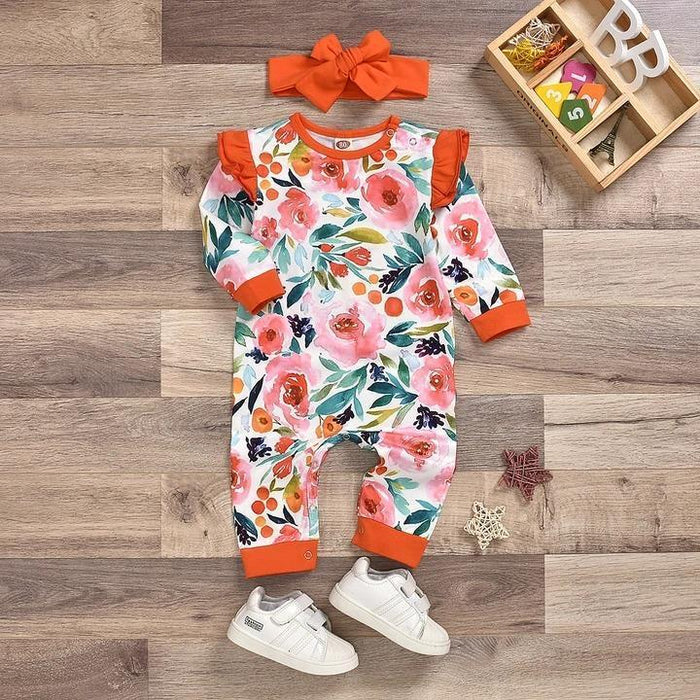 2PCS Floral Full Printed with Headband Baby Jumpsuit