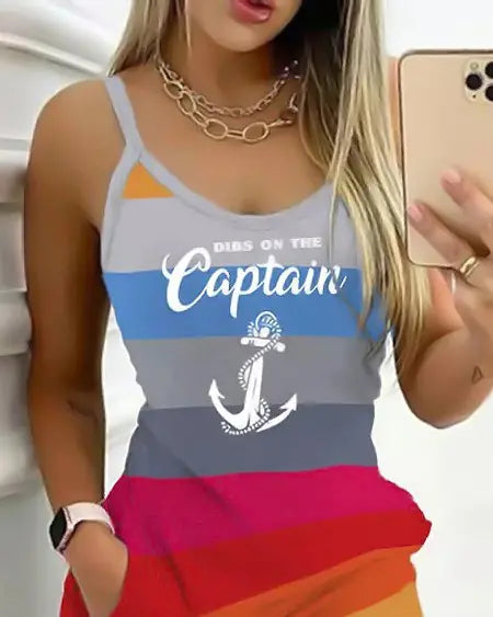 Casual Dress: Striped Colorblock with "Dibs On The Captain" & Anchor Print