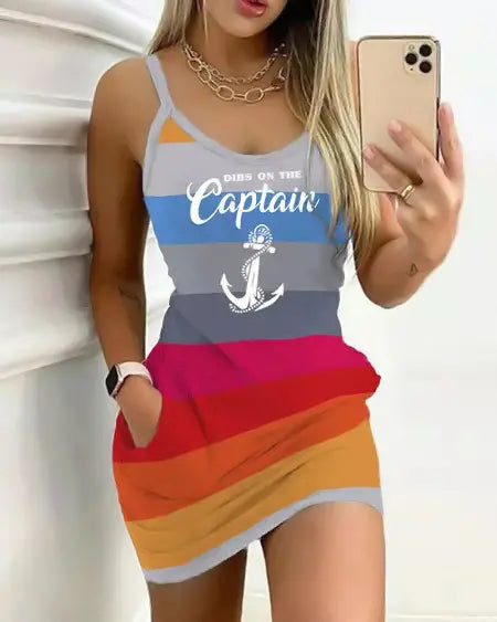 Casual Dress: Striped Colorblock with "Dibs On The Captain" & Anchor Print