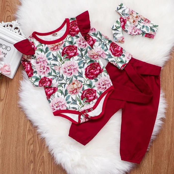 Baby Floral Printed Bodysuits and Solid Pants Set