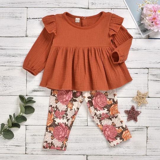 2PCS Solid Color Top and Floral Printed Pants Sets