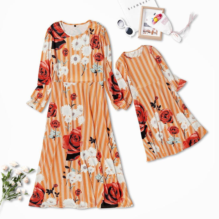 Mommy and Me Floral Print Long-sleeve Long Dresses