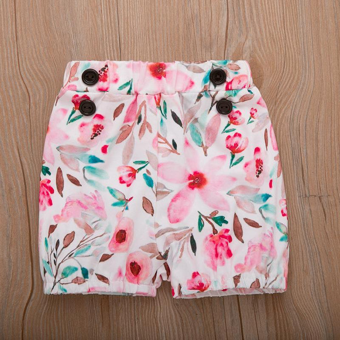 Solid Color Butterfly Sleeve with Floral Printed Shorts Set