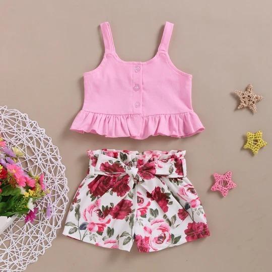 2PCS Solid Top with Floral Short Pants Baby Set