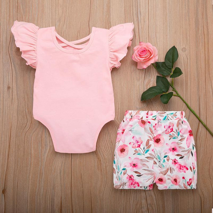 Solid Color Butterfly Sleeve with Floral Printed Shorts Set