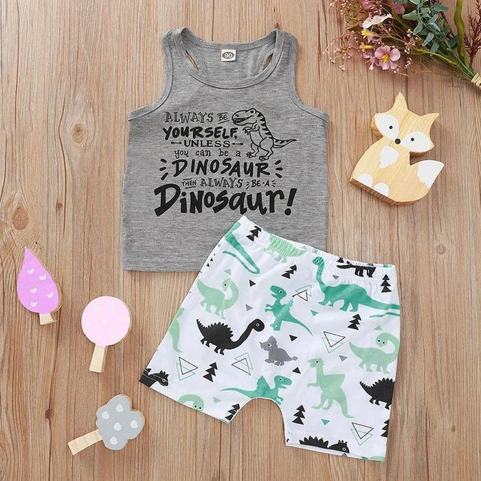 Â°Be a dinosaur" Letter Printed Top with Short Pants Set