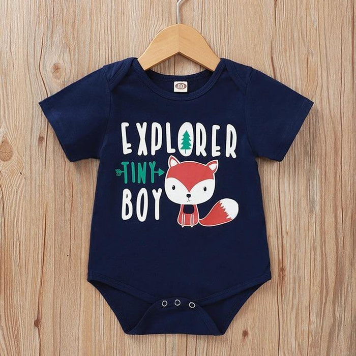 "Explorer tiny boy" Cartoon Fox Letter Printed Baby Jumpsuit